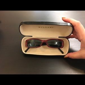 Bvlgari Rectangular Red Frame Sunglasses with Black Temples